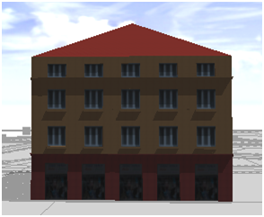 Výsledný model budovy s aplikovanými texturami – pohled zepředu